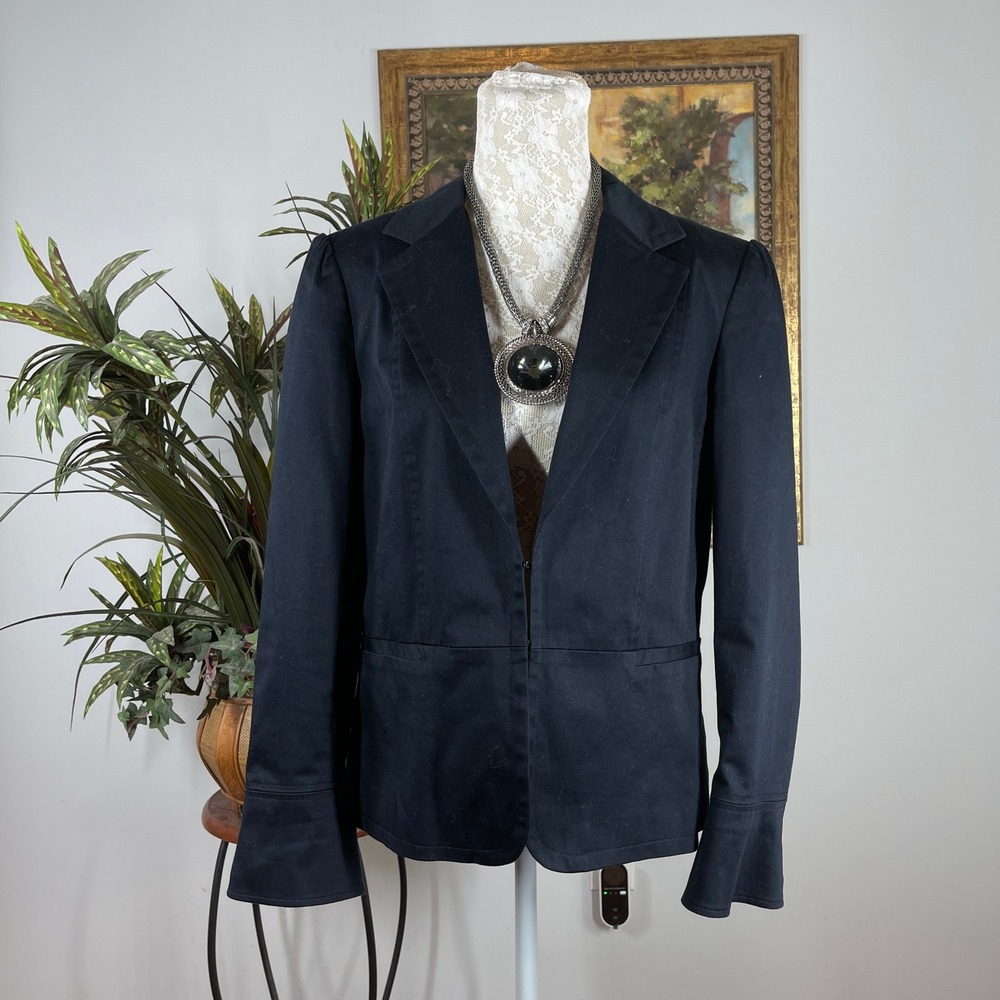 Worthington Blazer Women 14 Navy Cotton Stretch Hook Eye Flared Cuff Office